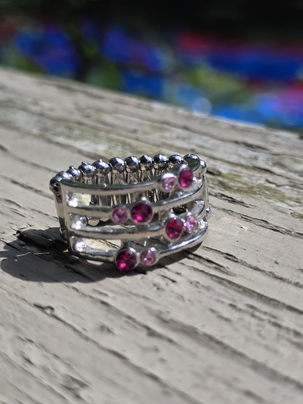 paparazzi Silver Multi-Row Ring with Pink Stones J13